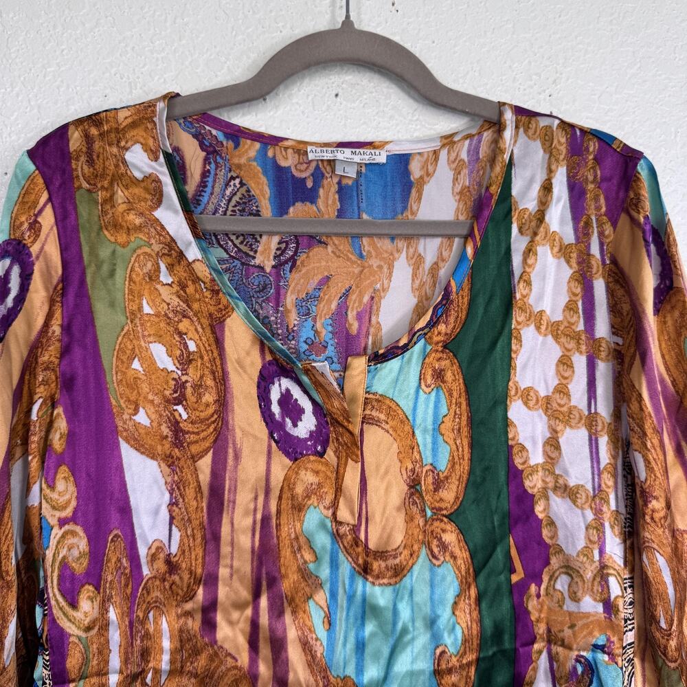 Alberto Makali Top Womens Large Silk Baroque Print Blouse Boho Artsy Chic Resort - Picture 3 of 12